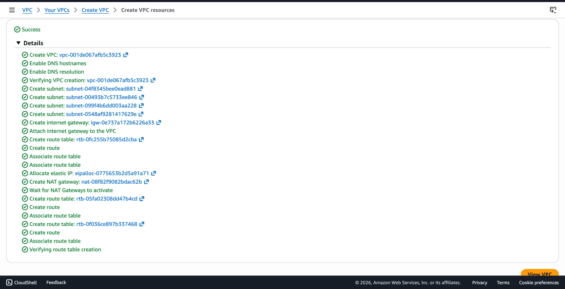 Stage 01 — VPC build-out: subnets, internet gateway, NAT gateway, route tables and associations all provisioned successfully.