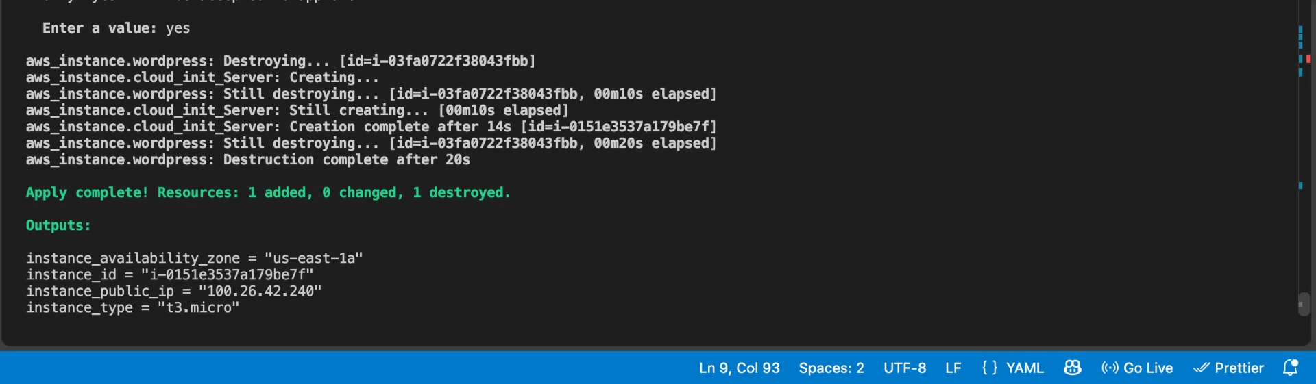 Stage 01 — terraform apply completing the EC2 provisioning cycle, with outputs.tf exposing the instance public IP, ID, availability zone and type.