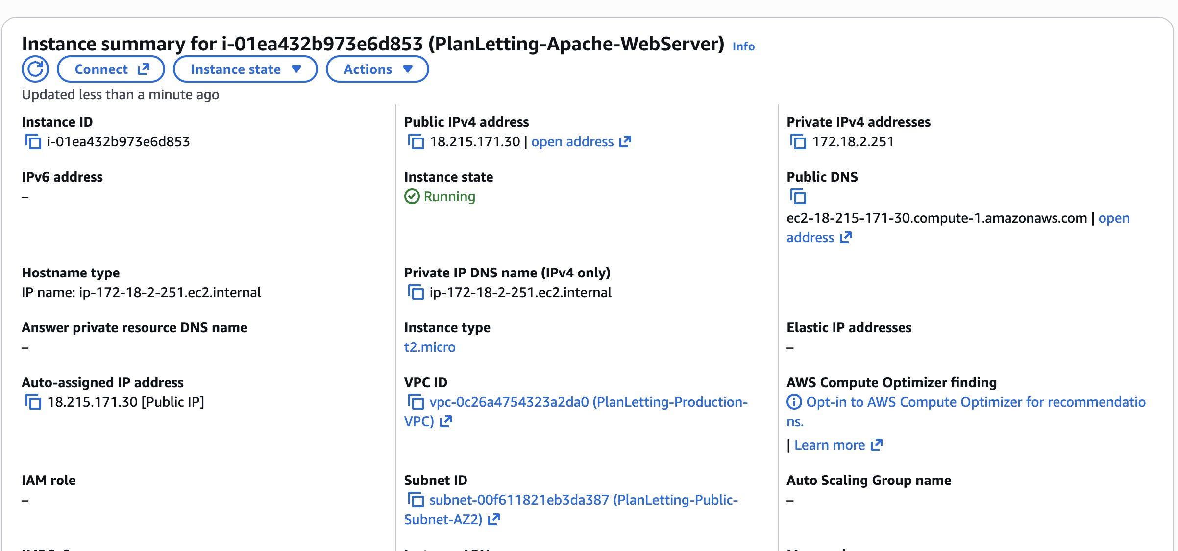 Stage 01 — the PlanLetting-Apache-WebServer instance created by the stack, running in the PlanLetting-Production-VPC public subnet with a public IPv4 address.