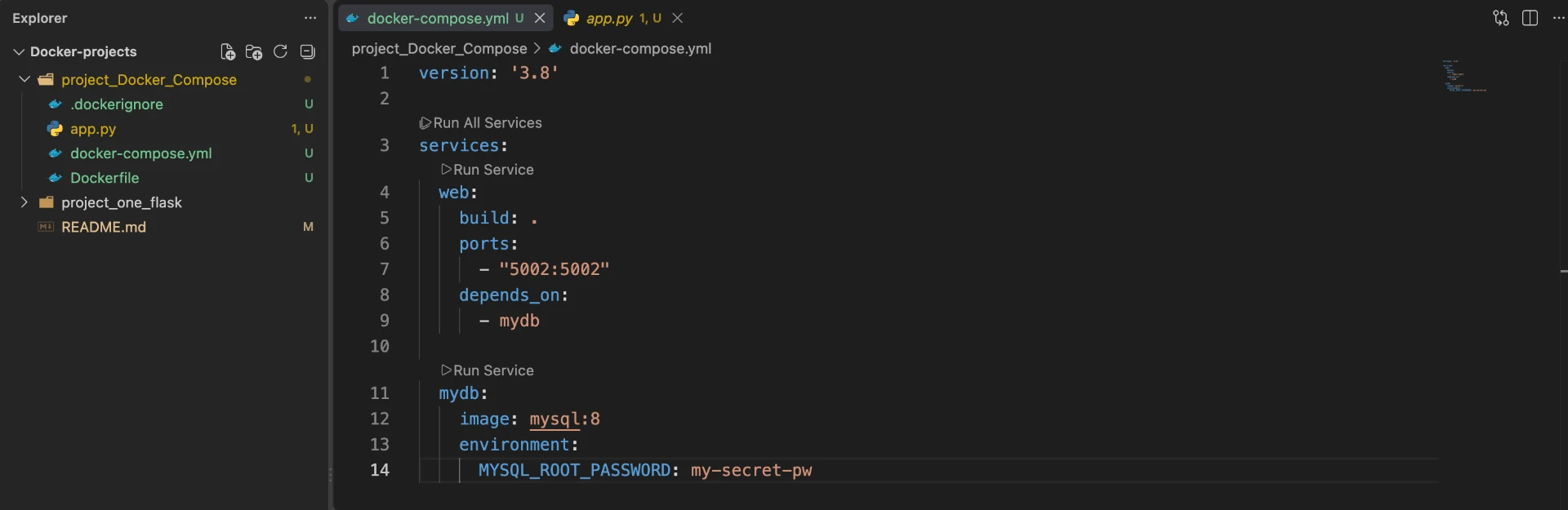 Stage 01 — docker-compose.yml declaring the web service (build ., port 5002) and the mysql:8 database service with depends_on.