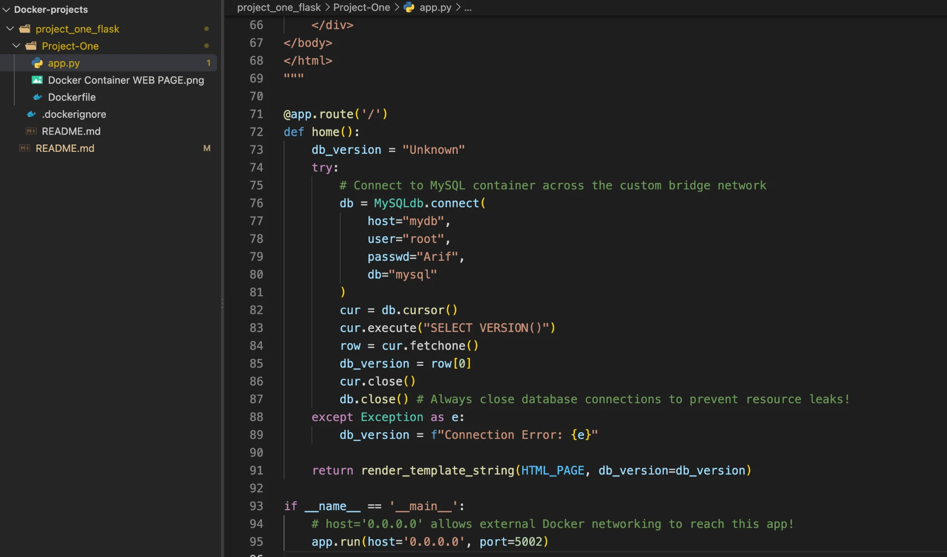 Stage 01 — app.py connecting to the MySQL container by container name (host="mydb") via Docker's internal DNS.