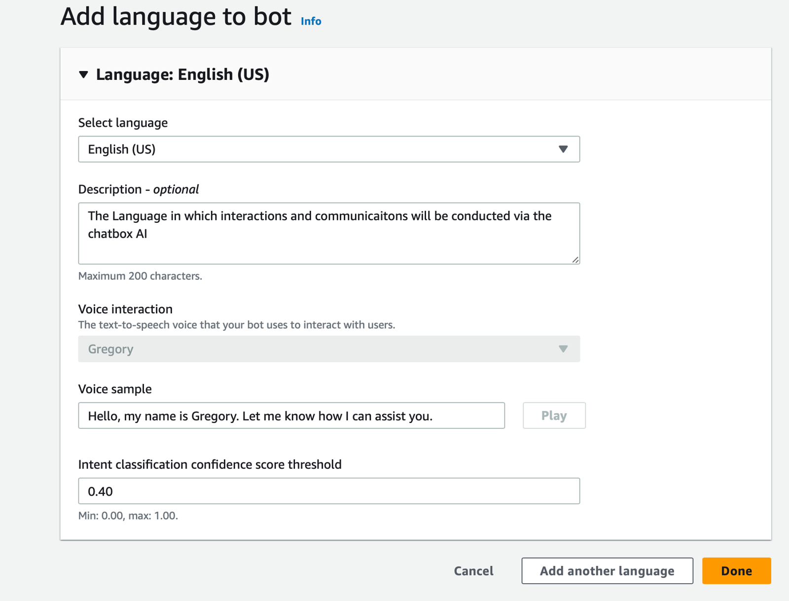 Stage 01 — adding English (US) to the bot with a chosen voice and the intent classification confidence threshold set to 0.40.