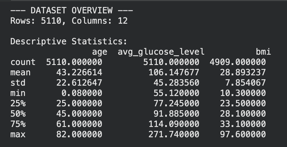 Stage 01 — supervised dataset overview: 5,110 rows, 12 columns, with descriptive statistics for age, average glucose level and BMI.