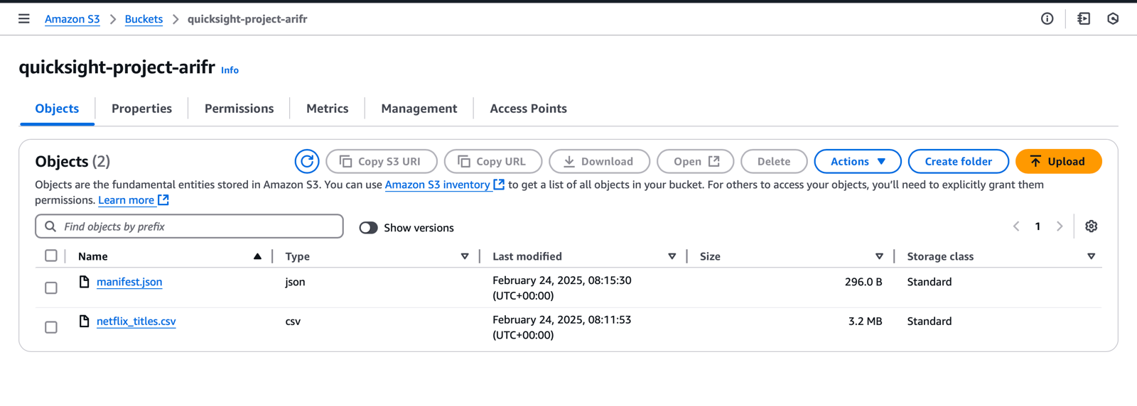 Stage 01 — the quicksight-project-arifr S3 bucket holding netflix_titles.csv and the manifest.json that tells QuickSight where the data lives.