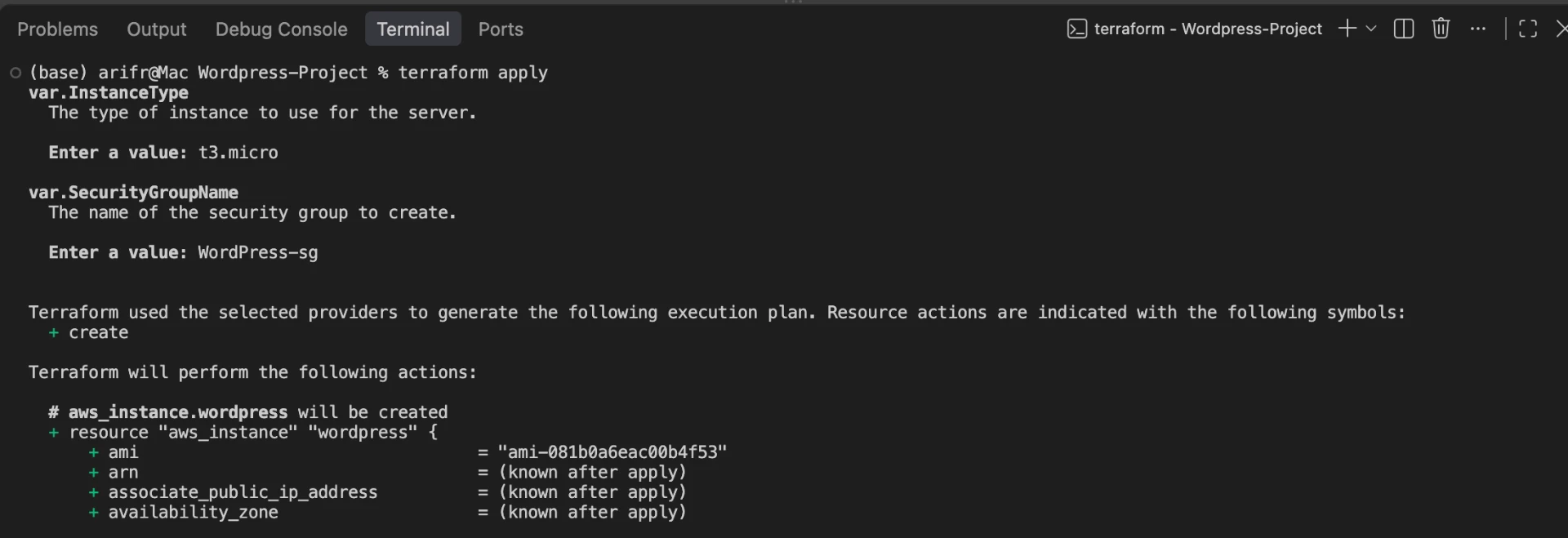 Stage 01 — terraform apply prompting for input variables (instance type t3.micro, security group name WordPress-sg) and generating the execution plan for the EC2 resource.